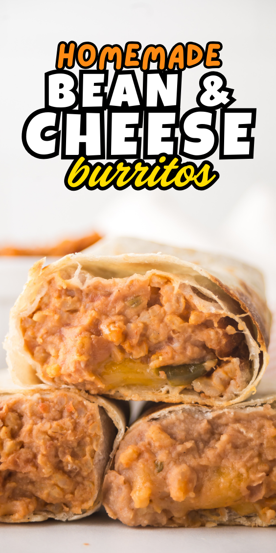 Close-up of homemade bean and cheese burritos, filled with melty cheese and refried beans wrapped in a warm tortilla.