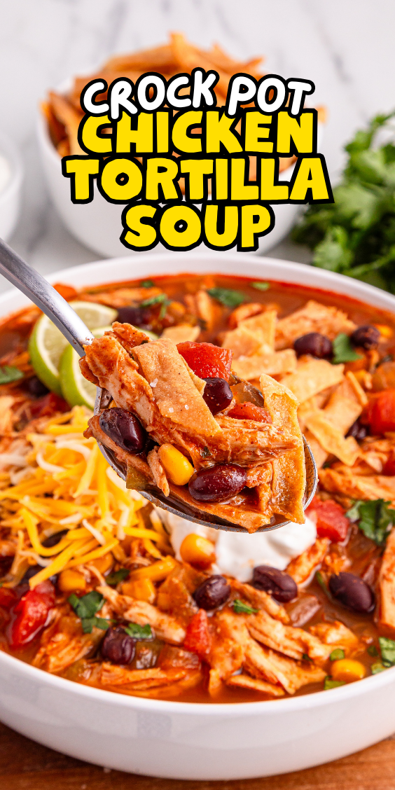 A spoonful of Slow Cooker Chicken Tortilla Soup with beans, corn, and tortilla strips hovers above a bowl, topped with cheese.