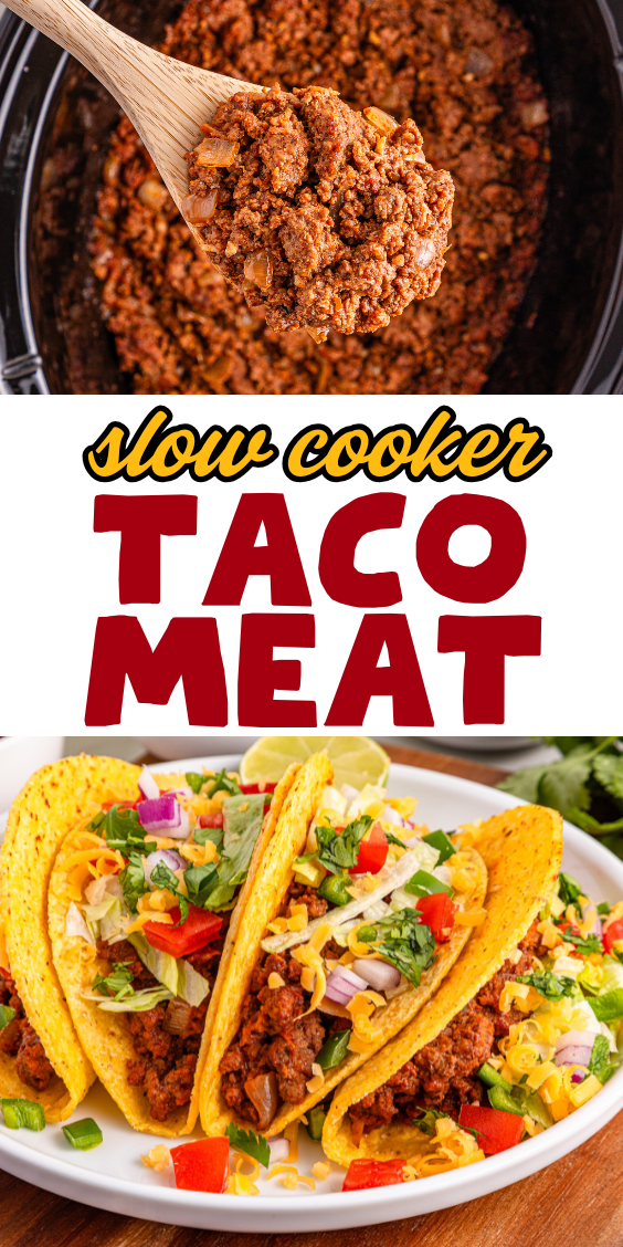 Slow Cooker Taco Meat in a pot, ready to serve in tacos filled with tender meat, crisp lettuce, cheese, tomatoes, and onions on a plate.