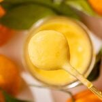 A spoon with creamy mandarin orange curd surrounded by fresh mandarins with green leaves.