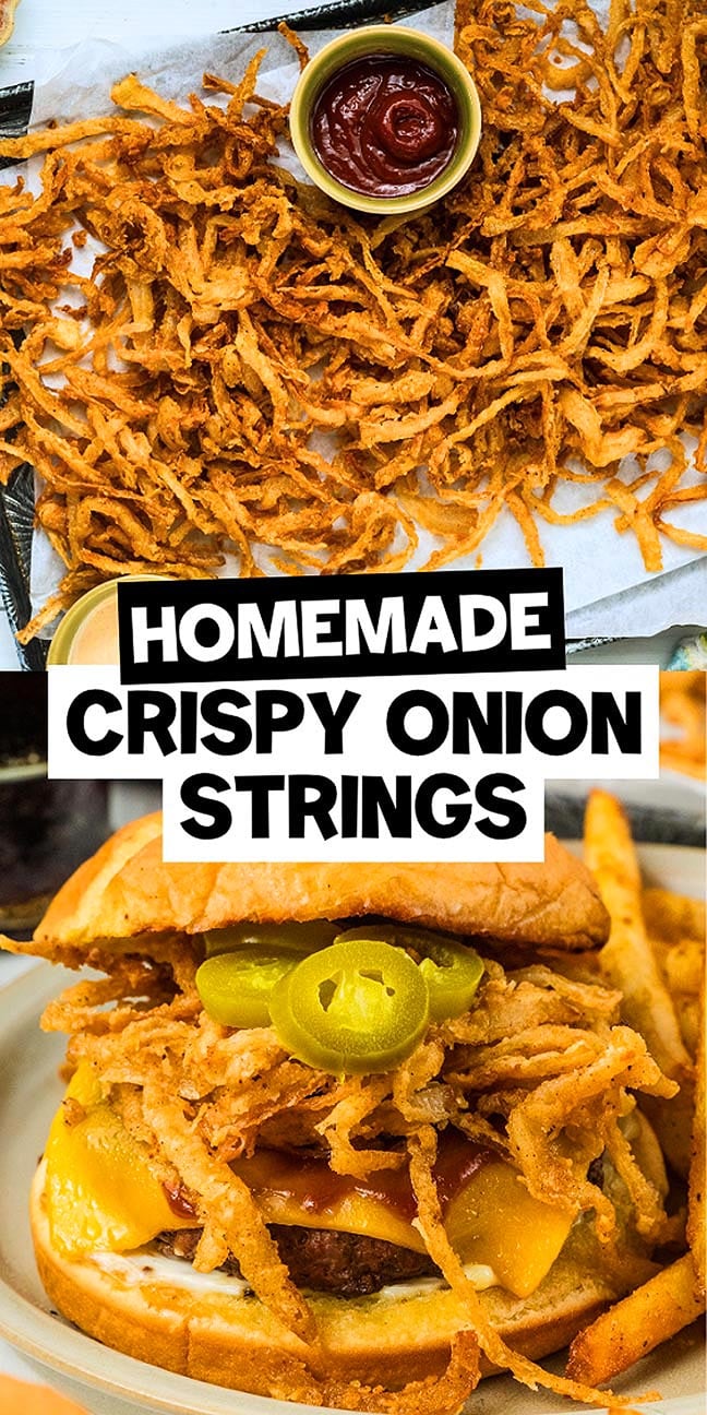 A tray of crispy fried onion strings served with ketchup, alongside a juicy burger topped with crispy onion strings and spicy jalapeños.