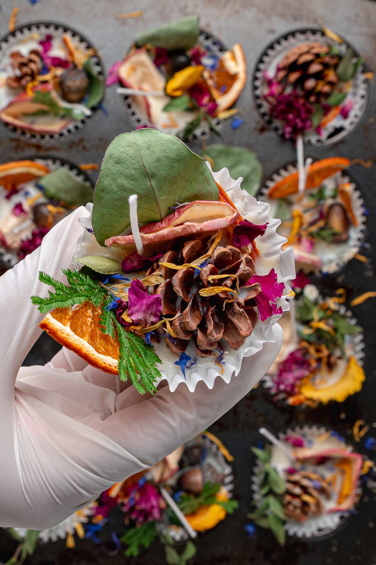 A gloved hand holds a fire starter with pine cones, dried orange slices, leaves, and colorful petals.