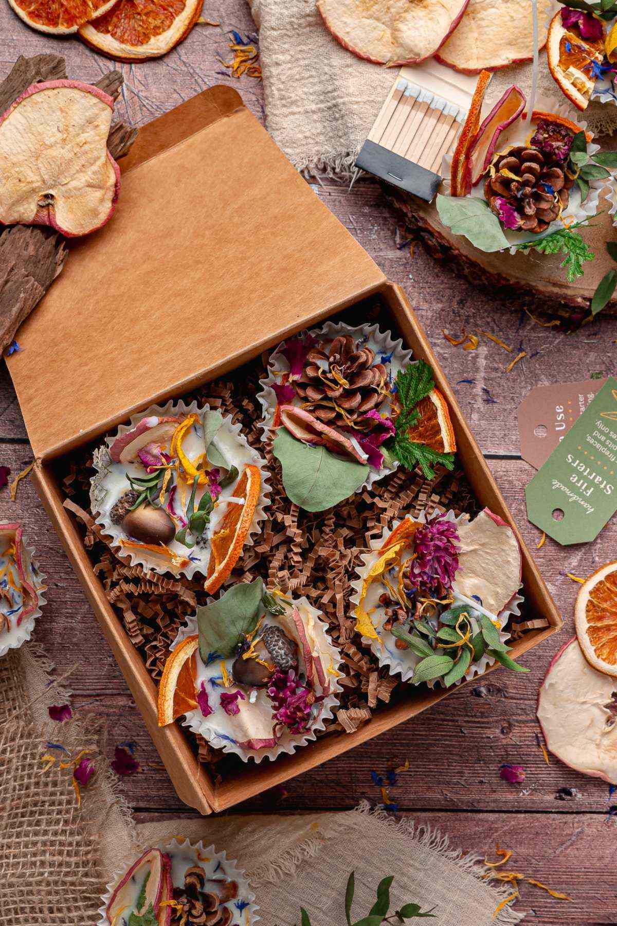 A box of decorative wax fire starters with dried fruit, flowers, and pinecones surrounded by rustic natural elements.
