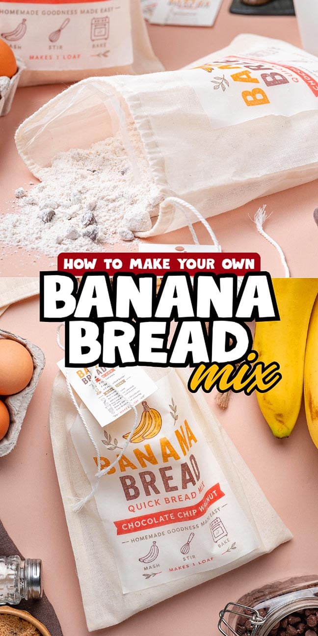 Text overlay on an image of cloth bags of banana bread mix, eggs, and bananas.