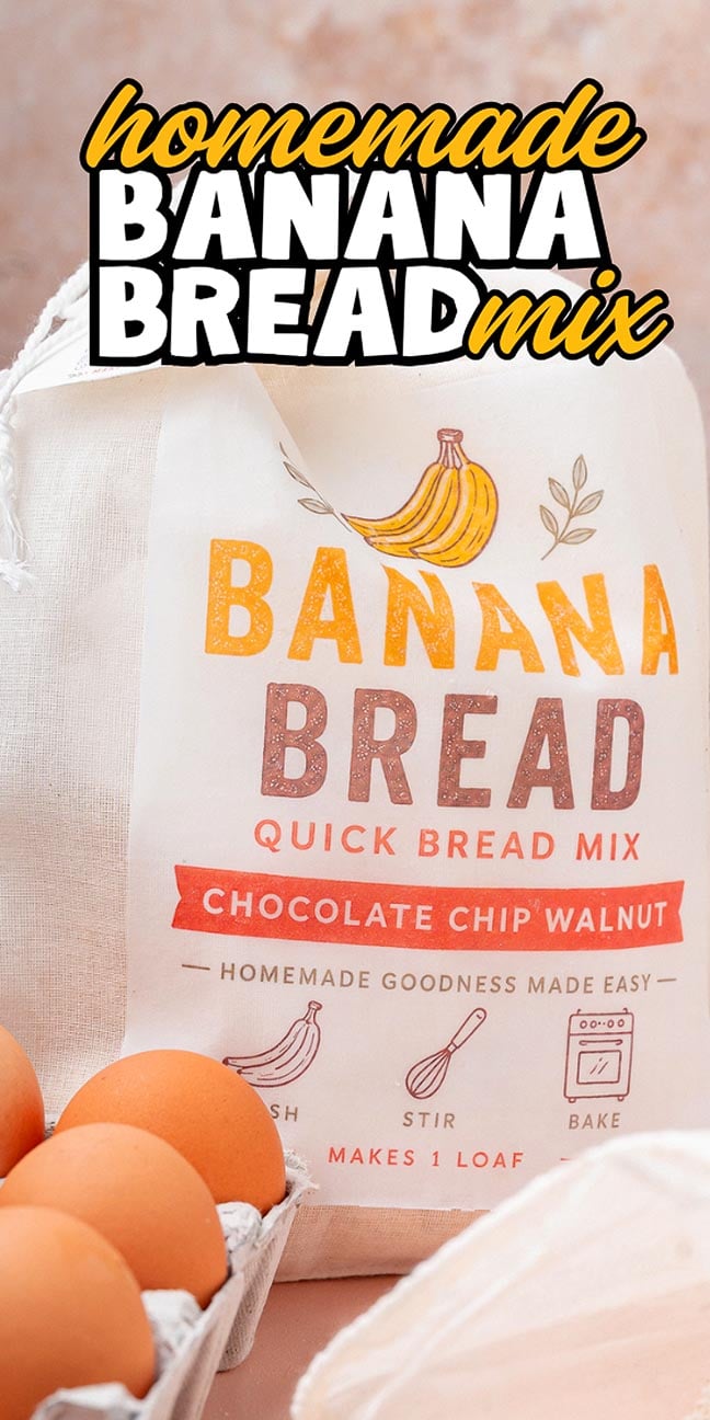 Cloth bag of Chocolate Chip Walnut Banana Bread mix with a carton of eggs in the foreground.