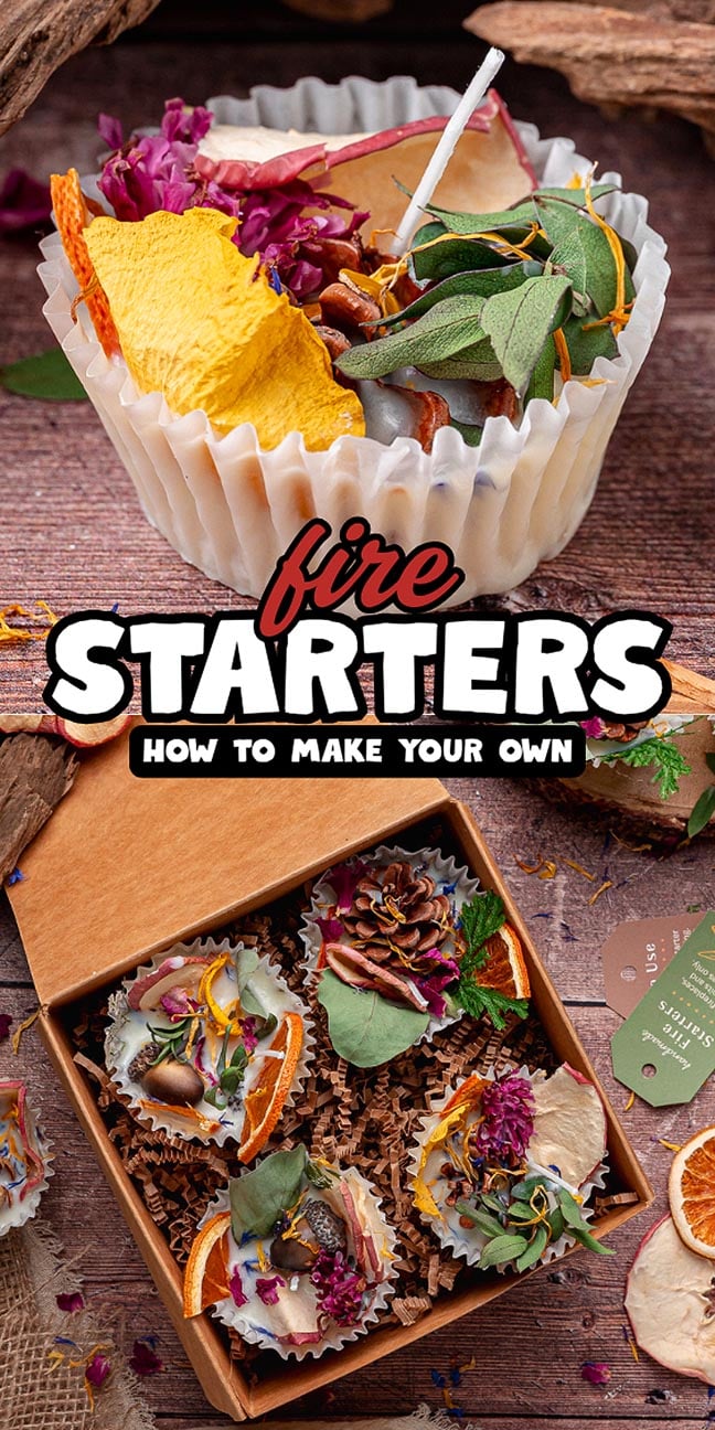 DIY fire starters decorated with dried fruit, pinecones, and herbs in a cardboard gift box.