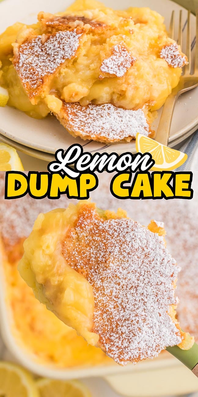 A slice of lemon dump cake with a golden crust and powdered sugar on a plate, with a lemon slice nearby, showcases the irresistible appeal of classic lemon dump cake.