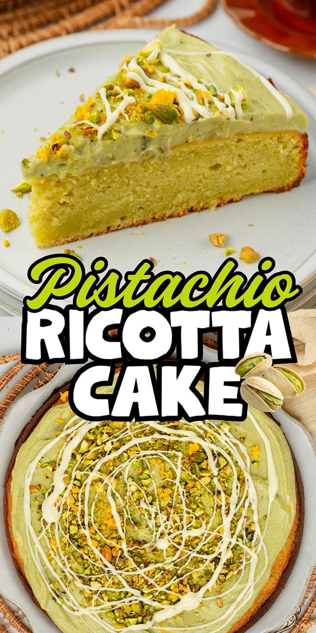 A slice and whole pistachio ricotta cake with green frosting, chopped pistachios, and a delicate white drizzle.