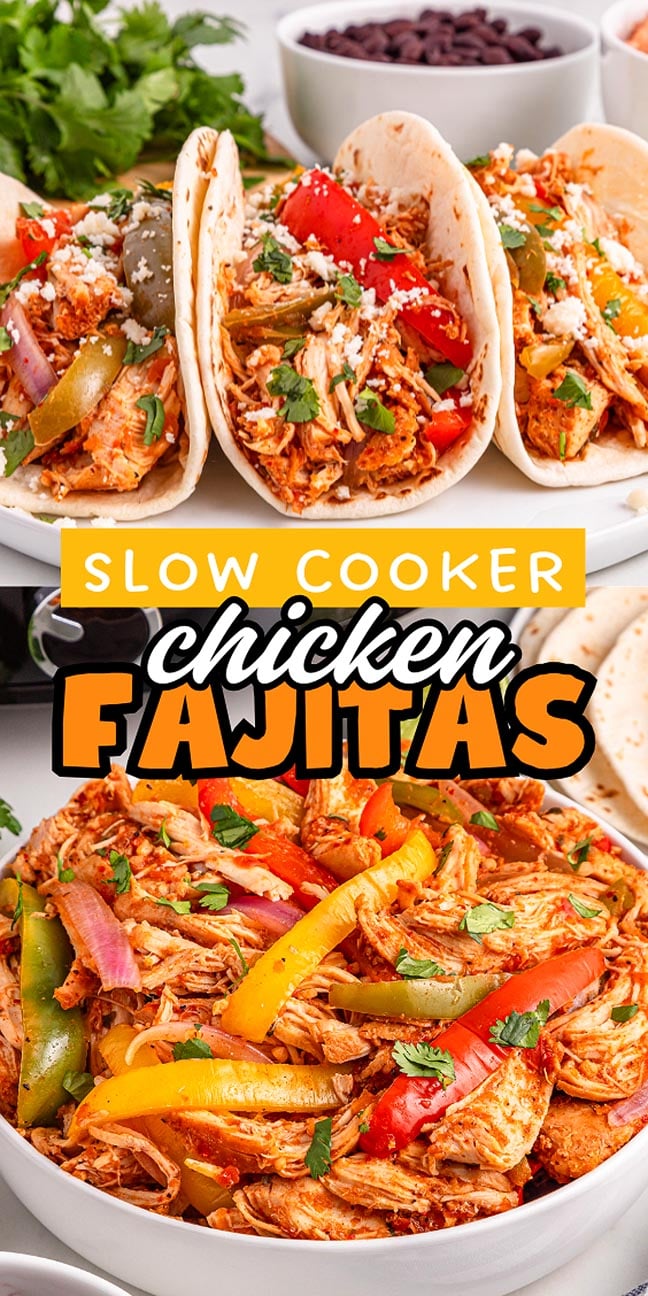 Three chicken fajitas with colorful veggies on a plate, with more Slow Cooker Chicken Fajitas filling in a bowl below.