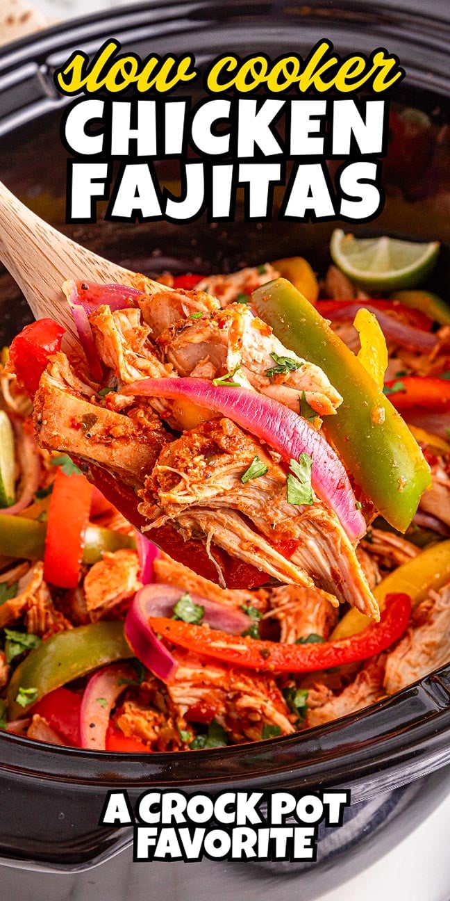 Slow Cooker Chicken Fajitas are made with shredded chicken, bell peppers, and onions cooked to perfection in a slow cooker, then served as flavorful fajitas with fresh lime wedges.