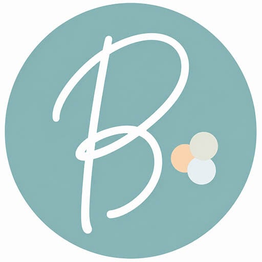 A white letter "B" on a teal circle with three small pastel dots to the right.
