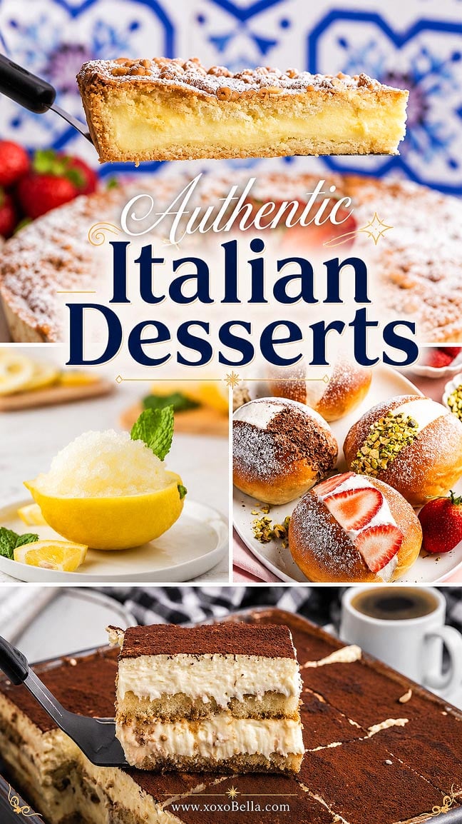 Collage of Italian desserts, including tiramisu, cake, pastries, and lemon sorbet, with “Italian Desserts” text.