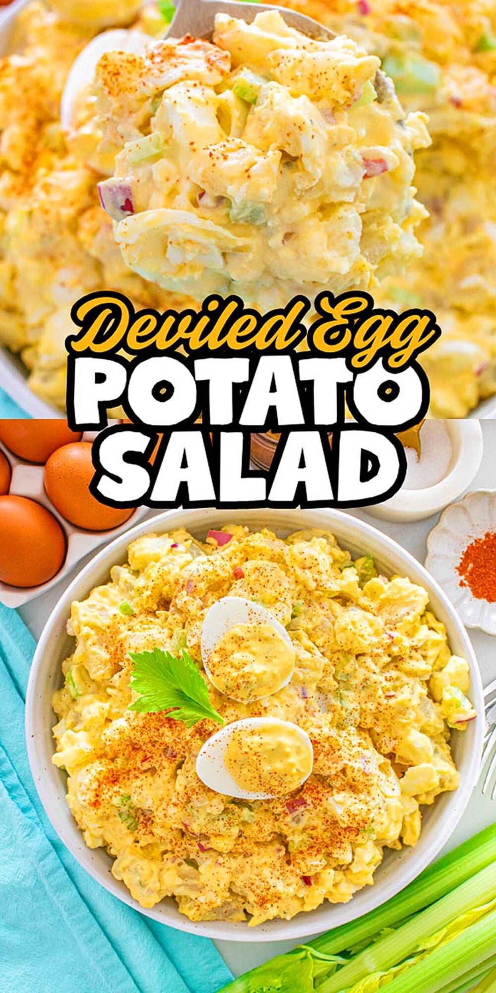 Deviled egg potato salad in a bowl, topped with sliced eggs and paprika, surrounded by ingredients.