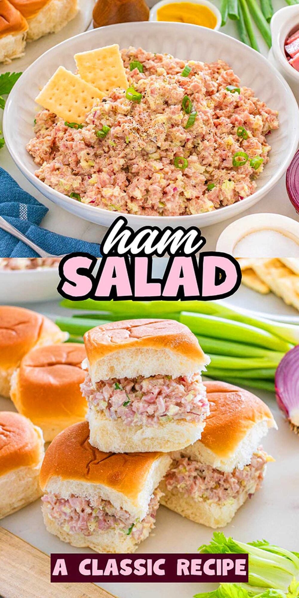 Bowl of ham salad with crackers, and ham salad sliders on buns, garnished with green onions.