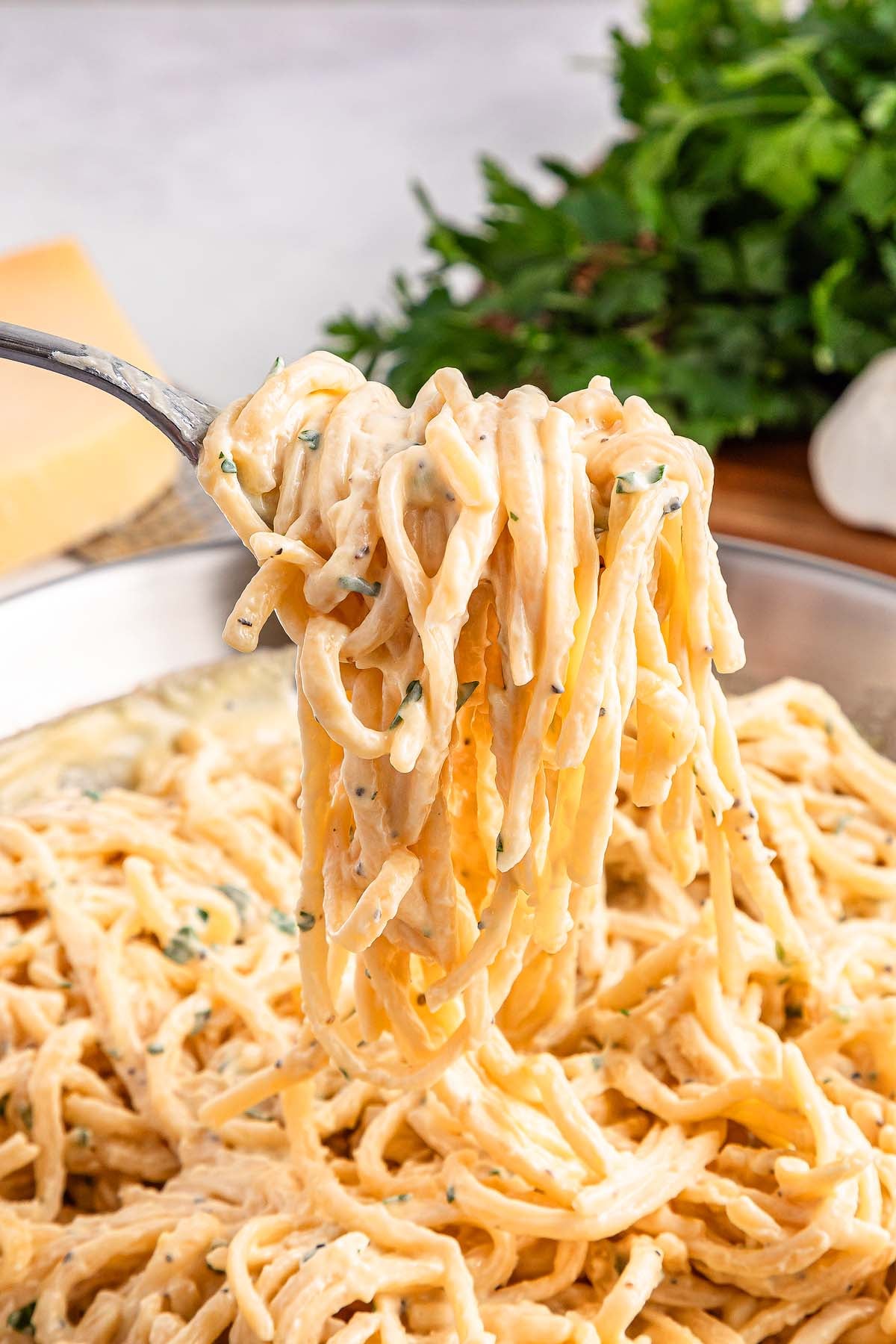 A fork lifts creamy pasta from a pan, with fresh herbs and cheese visible in the background.