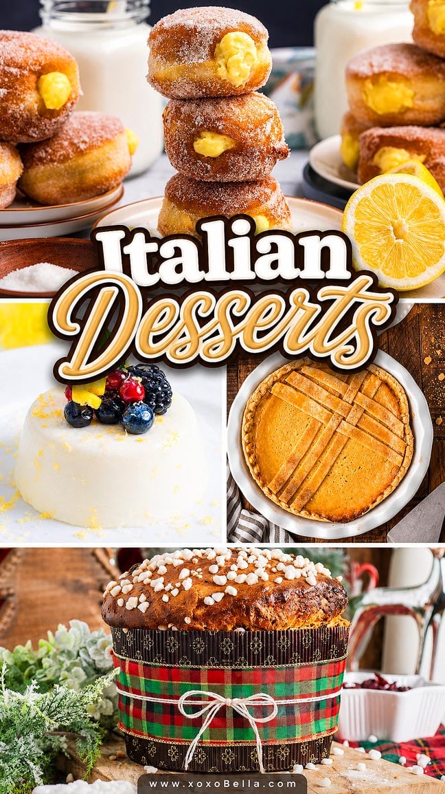 A collage of Italian desserts: cream-filled donuts, panna cotta, pie, and a decorated holiday cake.