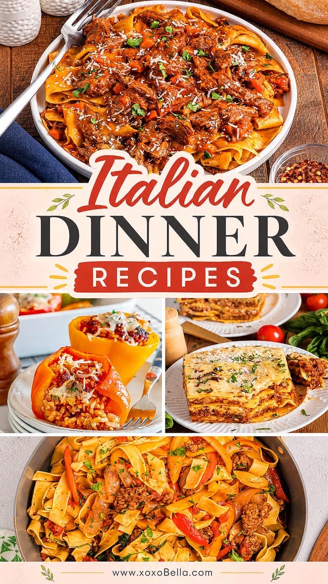 Four Italian dishes: pasta with meat sauce, stuffed peppers, lasagna, and pasta with sausage and peppers.