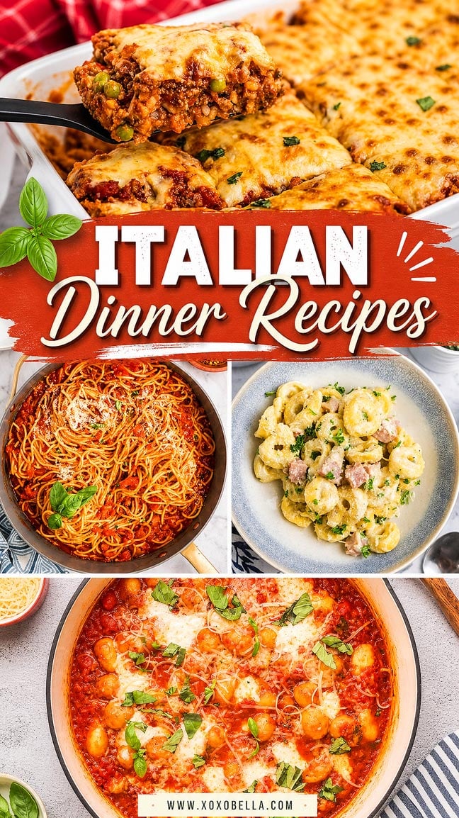 Four Italian dishes: lasagna, spaghetti, gnocchi with sauce, and baked gnocchi, served in bowls and pans.