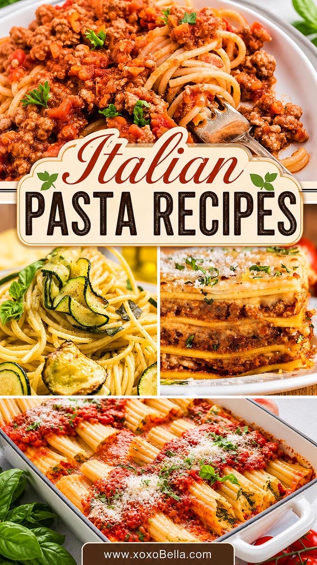 Collage of Italian pasta dishes including spaghetti, lasagna, rigatoni, and pasta with zucchini slices.