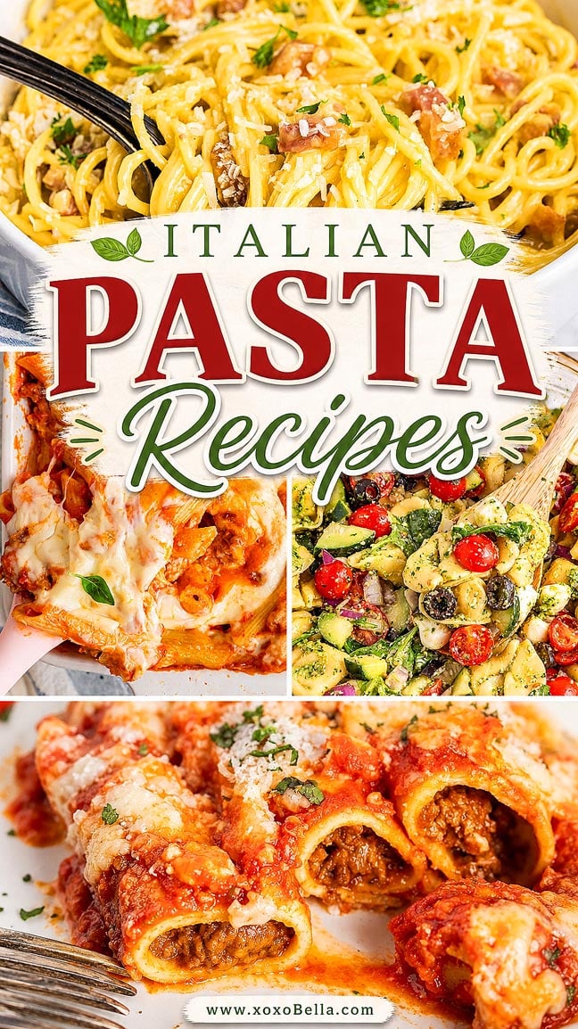 Four Italian pasta dishes including spaghetti, baked ziti, pasta salad, and stuffed manicotti with sauce.