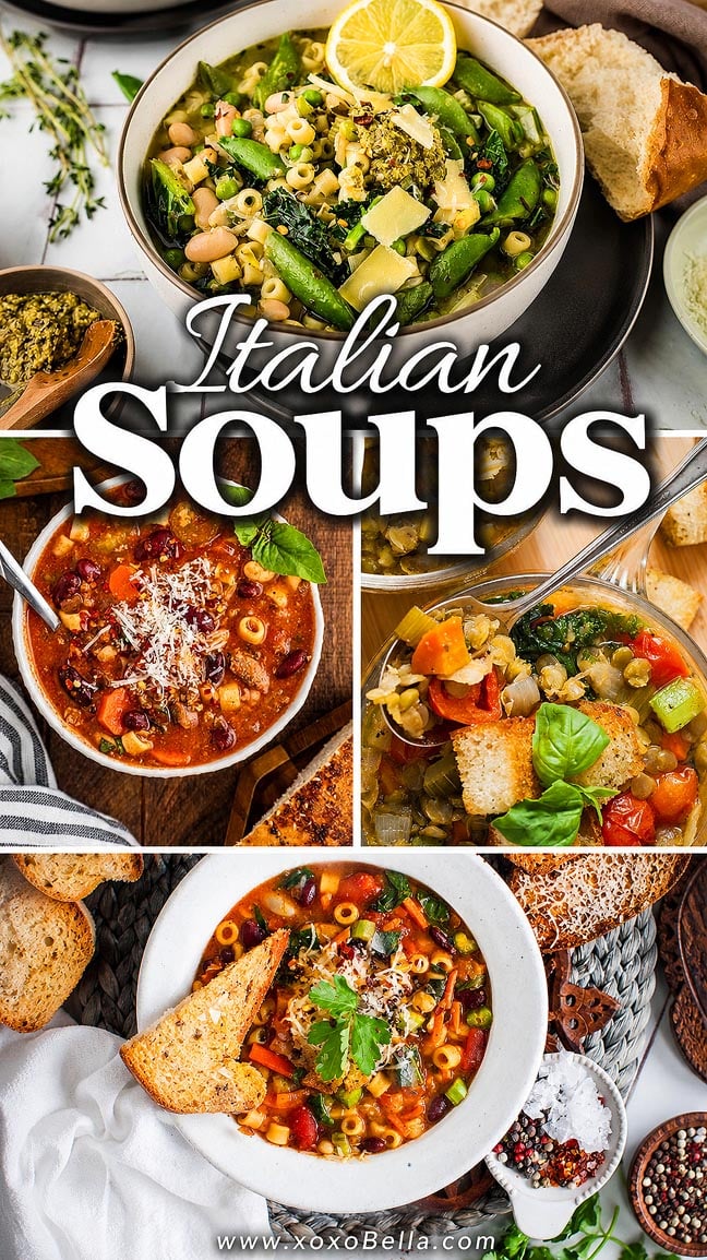 Collage of four bowls of Italian soups, each garnished with bread, herbs, and cheese, with Italian Soups text.