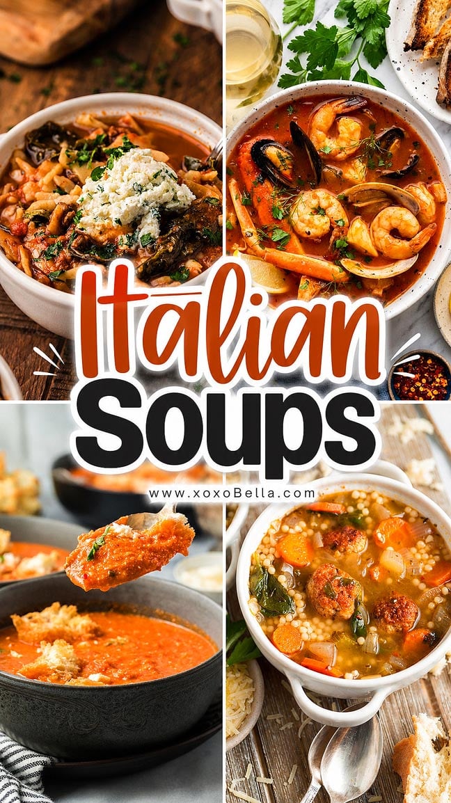 Four bowls of Italian soups, each filled with hearty ingredients and garnished with herbs and cheese.