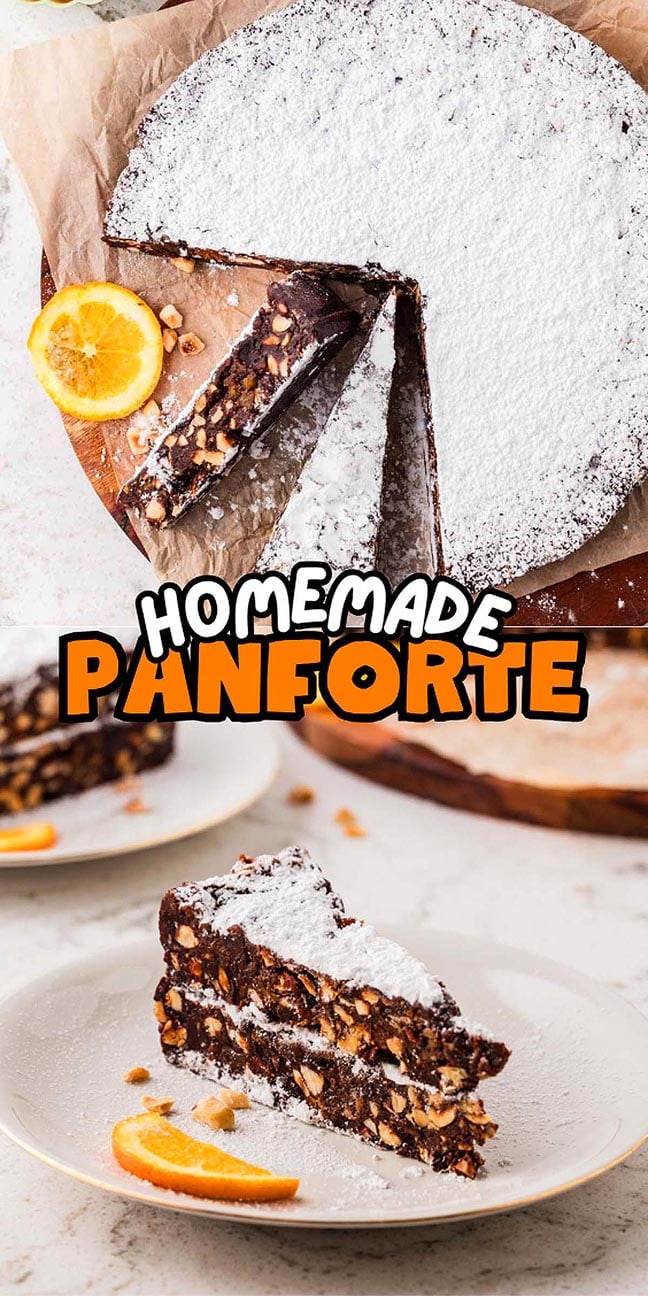 A slice of nut-filled chocolate panforte dusted with powdered sugar, served with an orange slice.