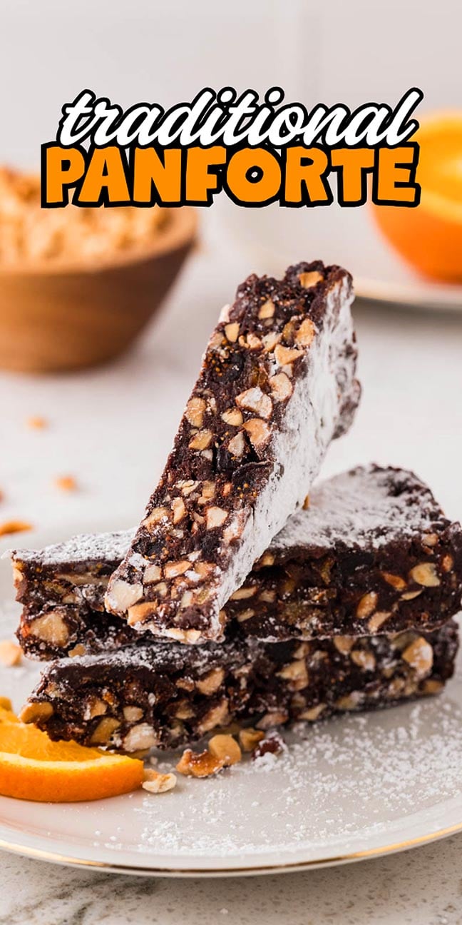 Stacked pieces of chocolate panforte dusted with powdered sugar, with the text “traditional PANFORTE” above.