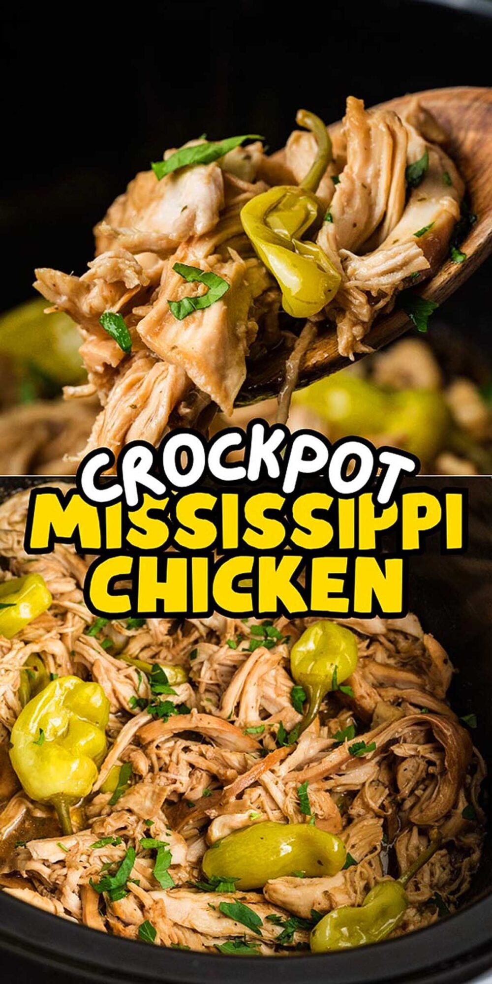Shredded chicken with peppers and herbs in a crockpot, served with a wooden spoon, labeled “Mississippi Chicken.”.