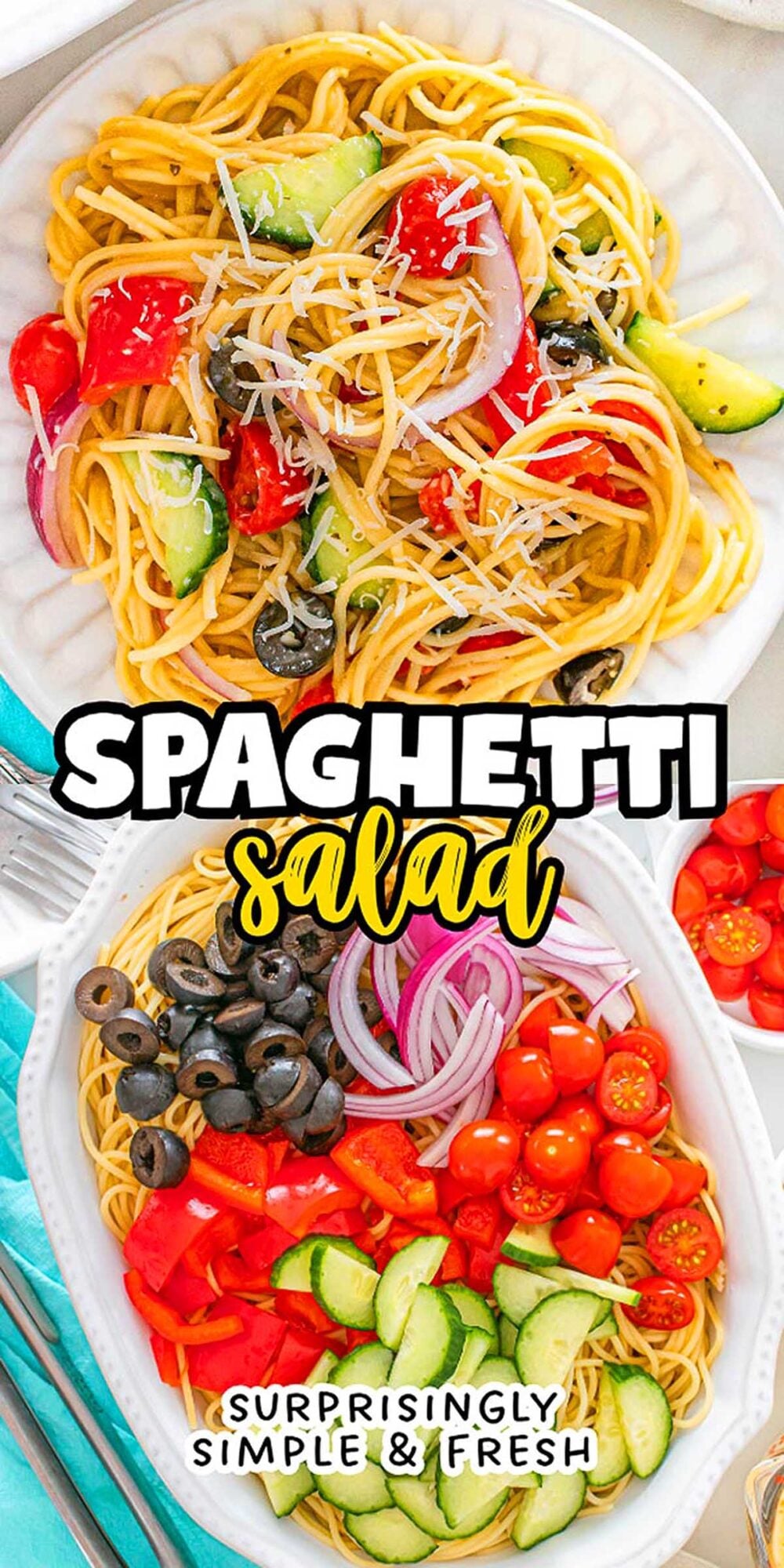 Spaghetti salad with tomatoes, olives, red onions, cucumbers, and cheese, served in a white dish.