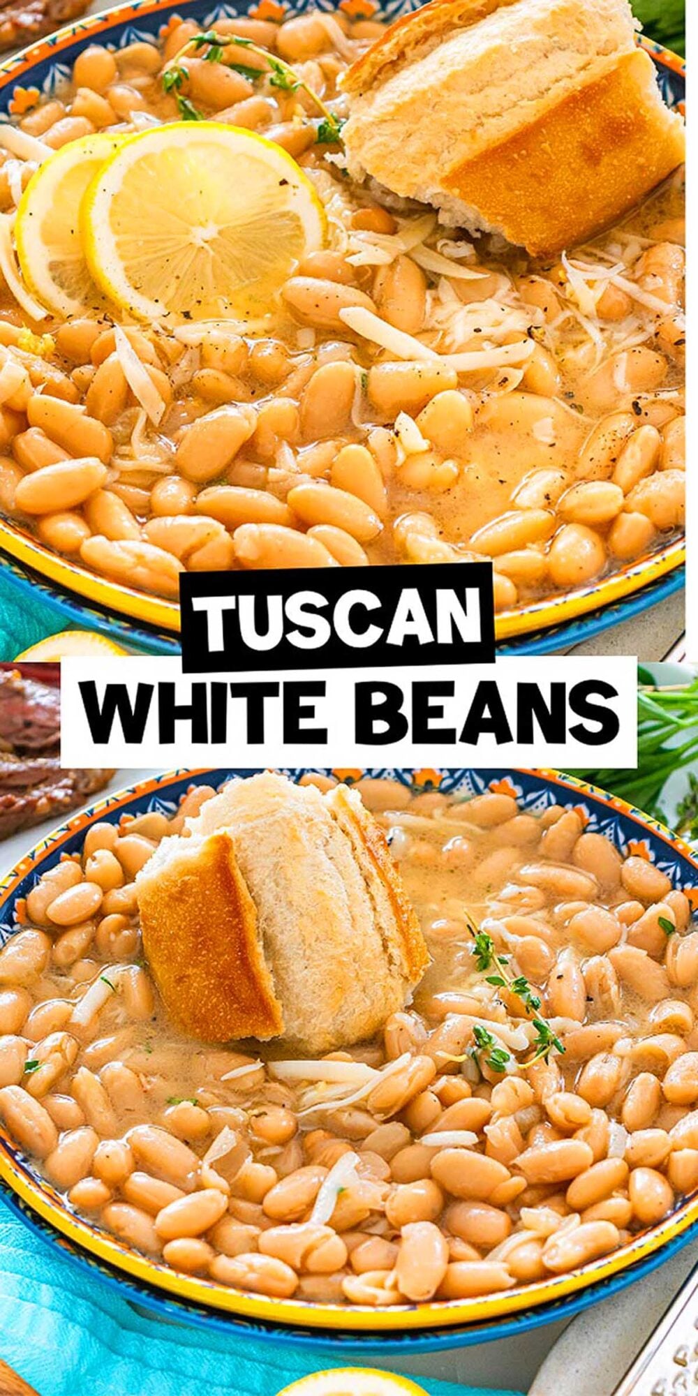 A bowl of Tuscan white beans soup, garnished with lemon slices, herbs, and a piece of crusty bread.