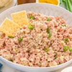 A bowl of creamy ham salad garnished with green onions and black pepper, served with two crisp saltine crackers.