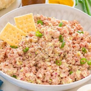 A bowl of creamy ham salad garnished with green onions and black pepper, served with two crisp saltine crackers.