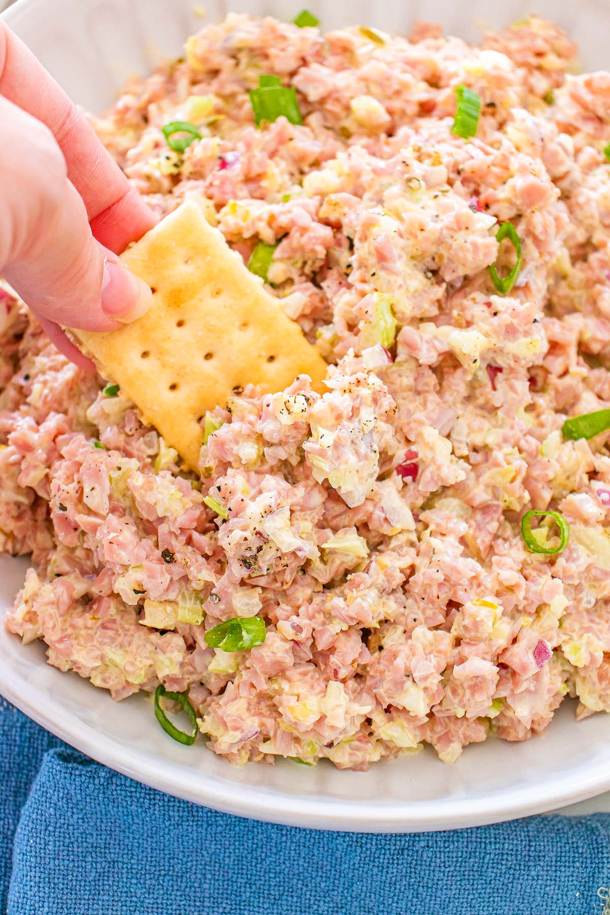 Hand dipping a cracker into a bowl of creamy ham salad mixed with green onions and savory seasoning.