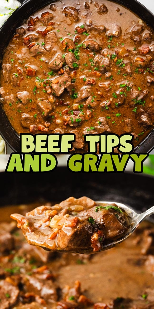 Beef tips in brown gravy garnished with herbs, with a spoon lifting a portion from the pan.