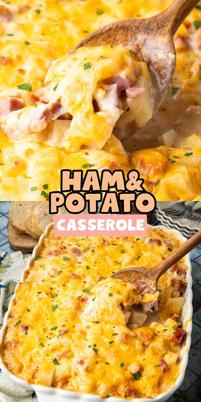 Cheesy ham and potato casserole in a baking dish with a wooden spoon serving a portion.