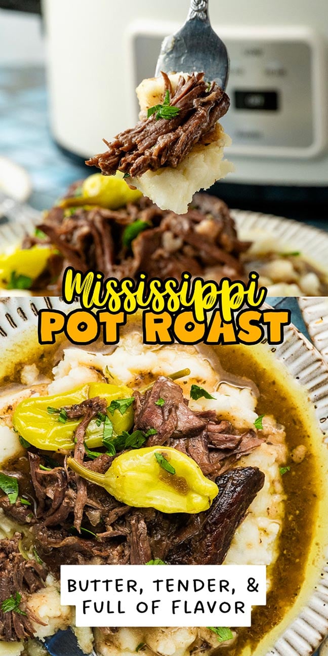 Closeup of Mississippi pot roast on mashed potatoes with peppers, topped with herbs; fork lifting a bite.