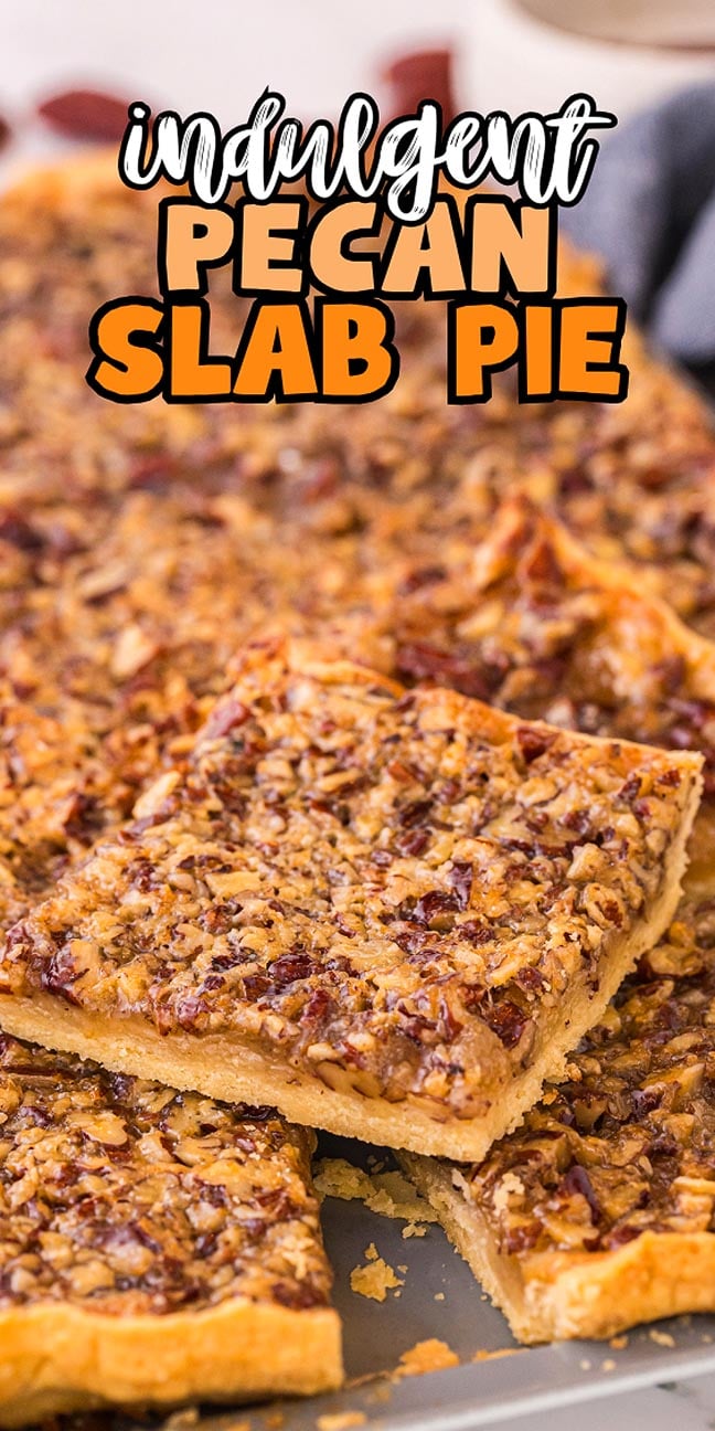 Slices of pecan slab pie with a golden crust, topped with chopped pecans and caramelized filling.