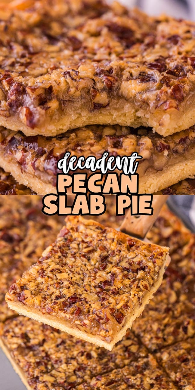 Close-up of thick, chewy pecan slab pie squares stacked and served on a baking sheet.