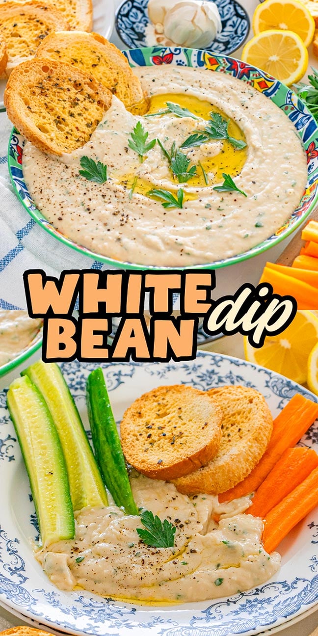 Two bowls of white bean dip, topped with herbs and oil, served with toasted bread, carrots, and celery.