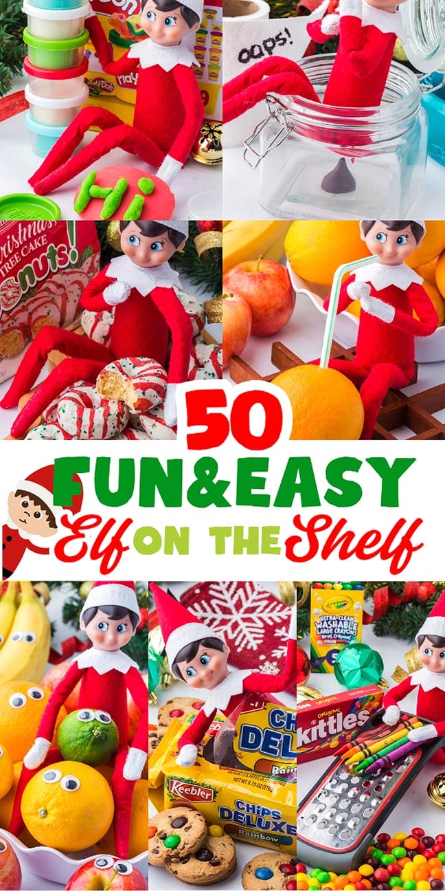 Collage of an Elf on the Shelf doll in various holiday-themed poses with the title “50 Fun & Easy Elf on the Shelf.”