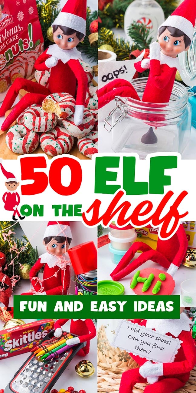 Collage of Elf on the Shelf poses with the text “50 Elf on the Shelf fun and easy ideas.”