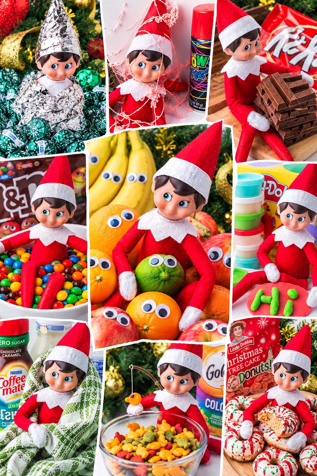 A collage of an Elf on the Shelf doll posed in various holiday and kitchen scenes.