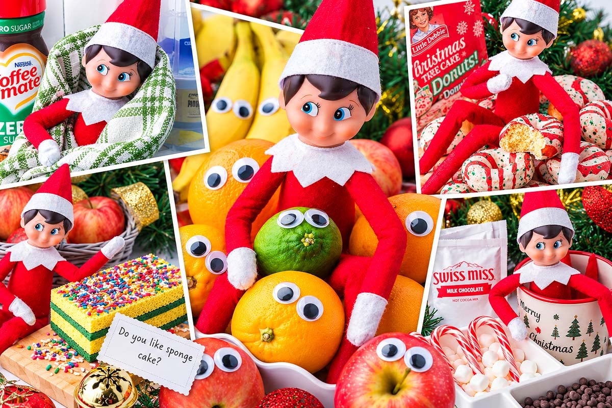A collage of an Elf on the Shelf doll posing with various Christmas snacks and fruit.