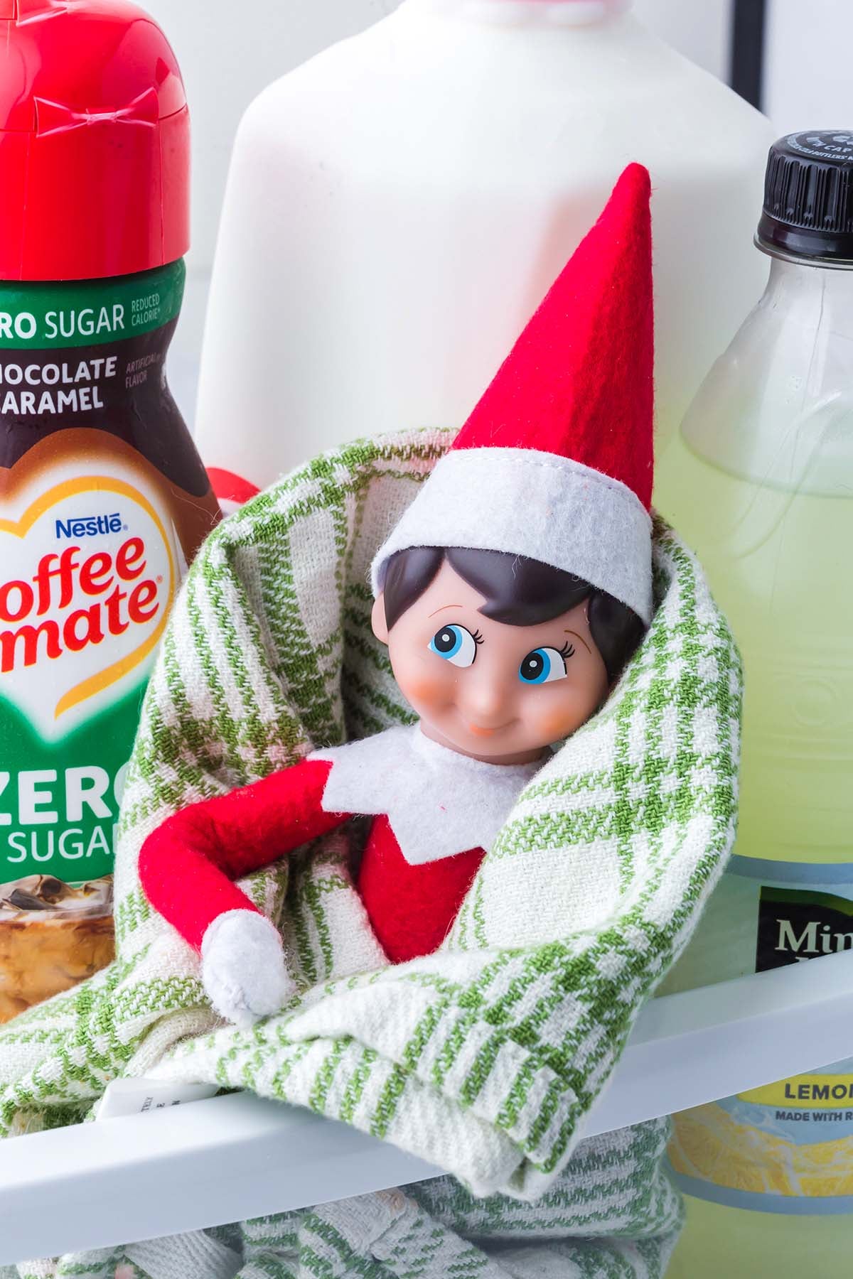 Elf on the Shelf doll wrapped in a small green and white towel inside a refrigerator.