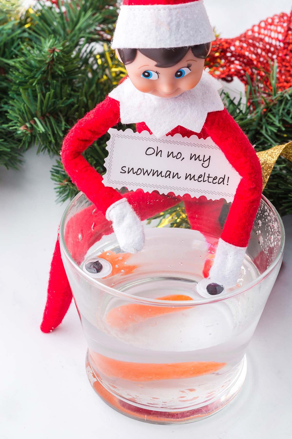 An elf doll holding a sign that reads “Oh no, my snowman melted!” over a glass of water containing a carrot and eyes.