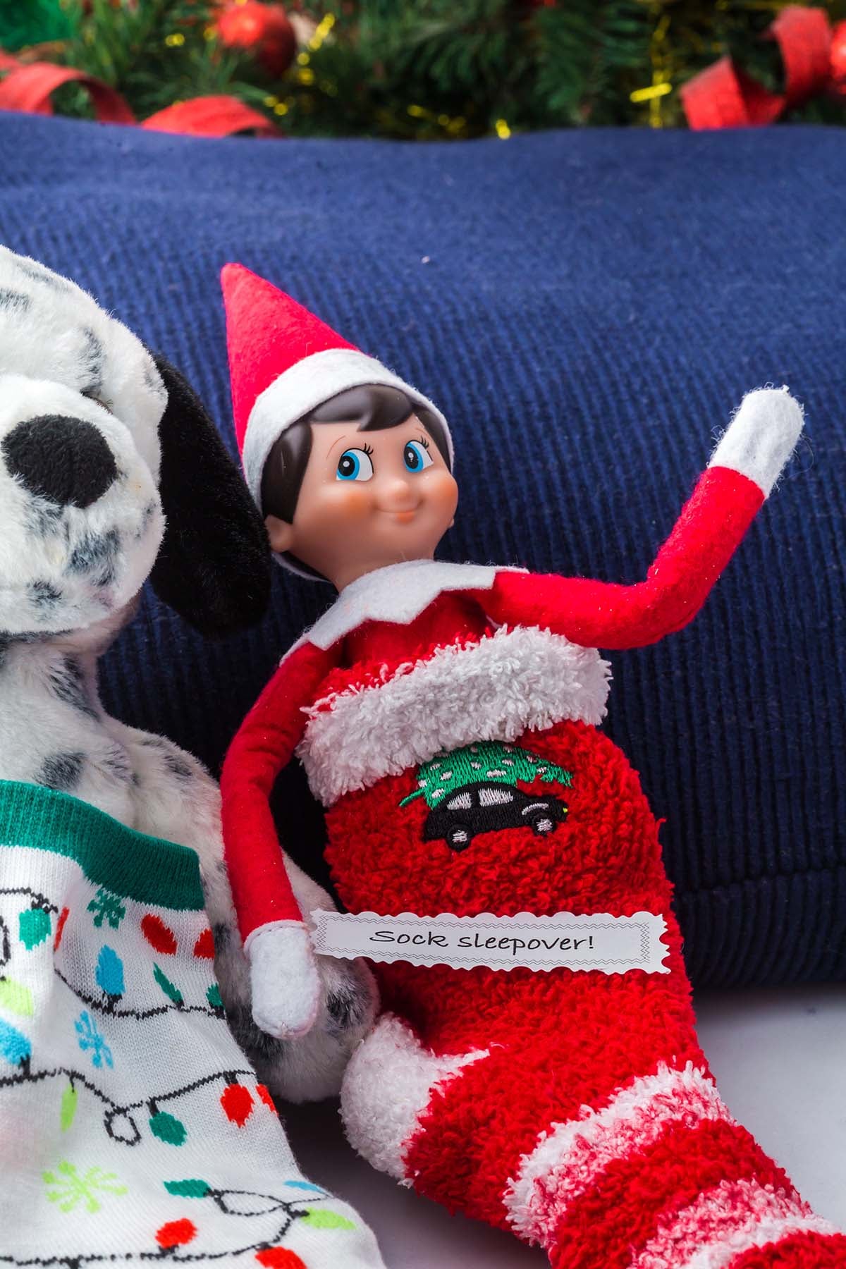An Elf on the Shelf doll inside a red sock labeled “Sock sleepover!” next to a stuffed dalmatian.