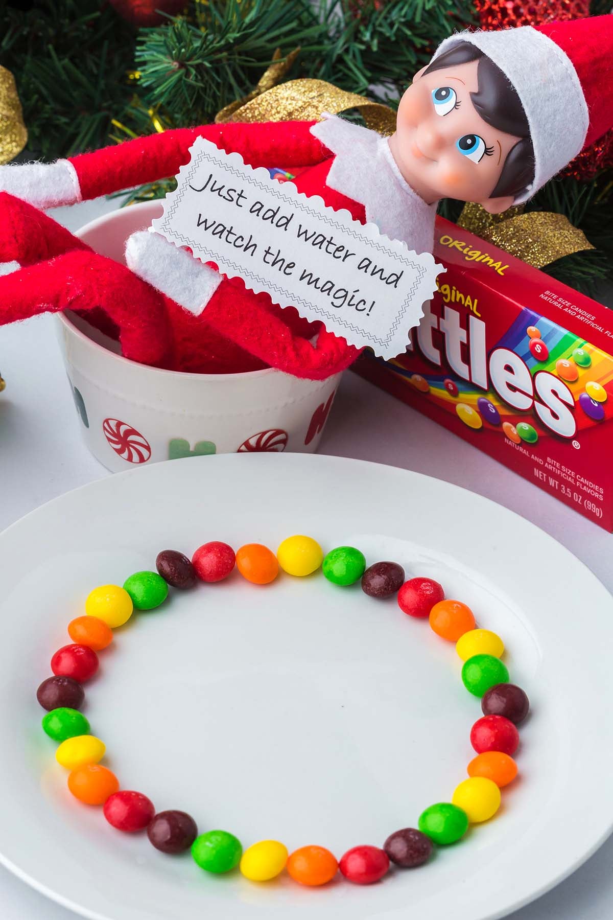 An Elf on the Shelf doll holds a note reading “Just add water and watch the magic!” above a ring of Skittles.