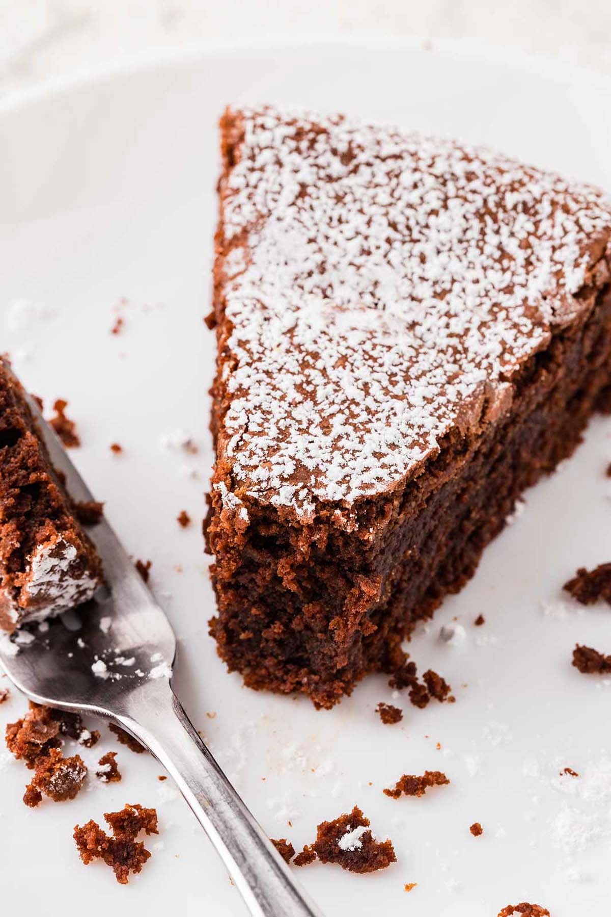A slice of chocolate cake dusted with powdered sugar on a white plate, with a fork.