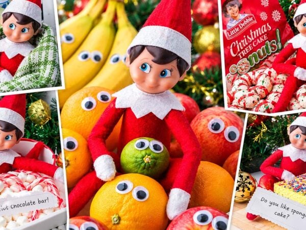A collage of an Elf on the Shelf doll posed with various Christmas-themed snacks and fruits with googly eyes.